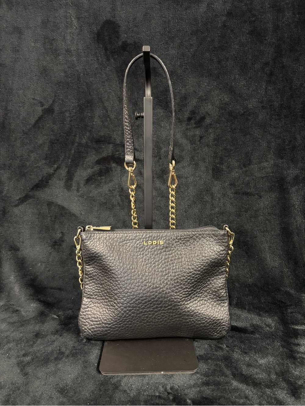 Lodis Black Pebbled Leather Crossbody Clutch Gold Chain Strap Zip Purse